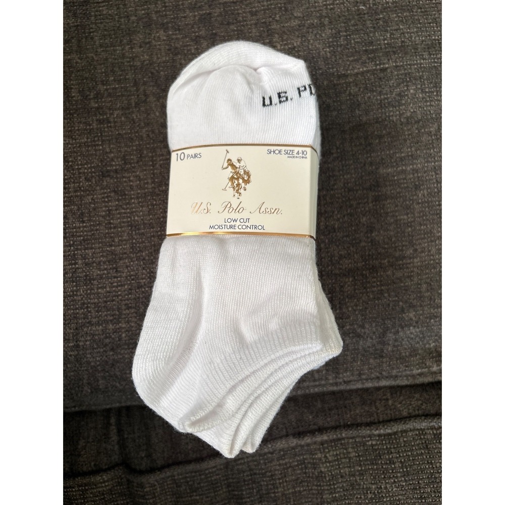 US Polo Assn 10 Pairs White Low Cut Moisture Control Socks Shoe Size 4-10